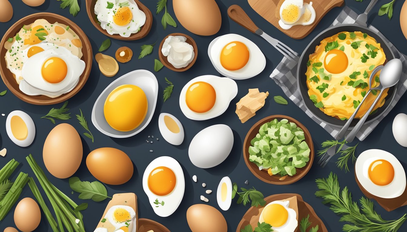 A colorful array of cooked eggs in various styles, surrounded by fresh ingredients and kitchen utensils, showcasing the versatility and nutritional benefits of eggs