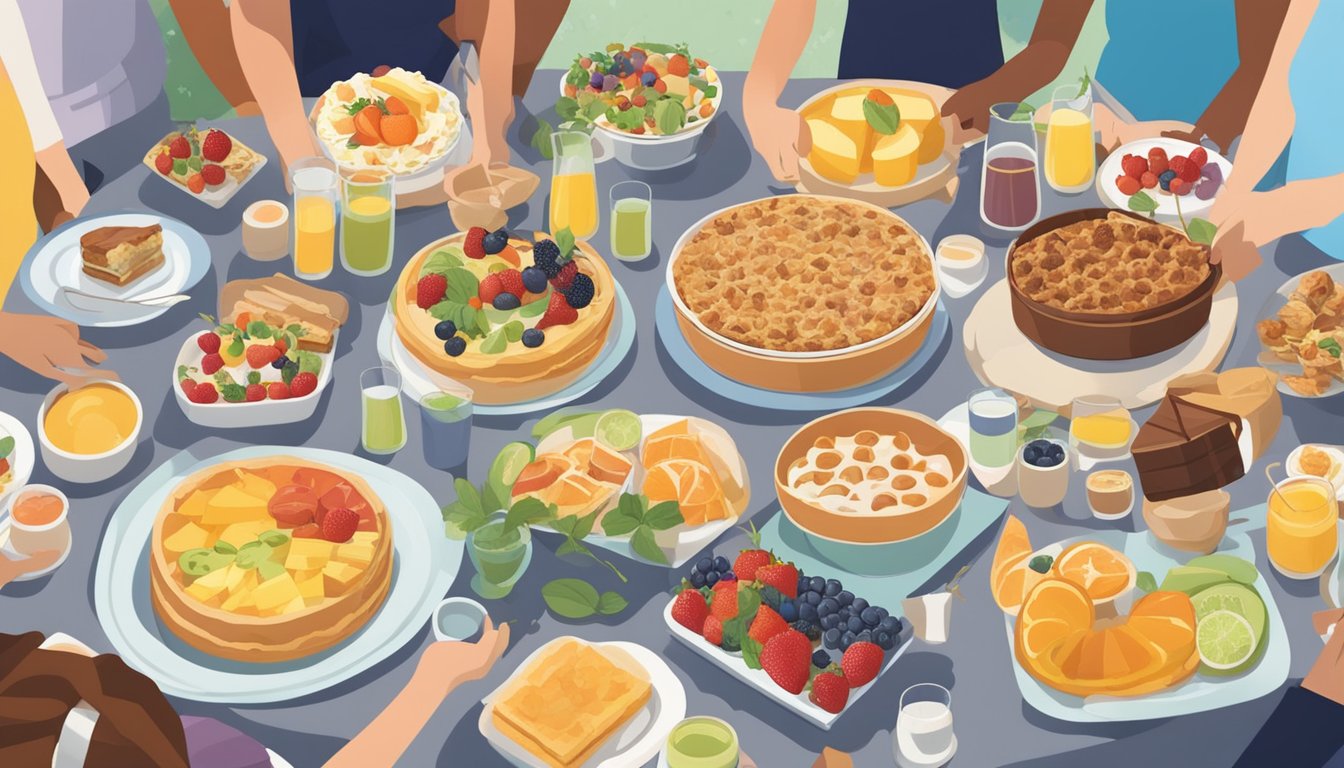 A table filled with an assortment of breakfast casseroles, pastries, and fruit platters, surrounded by a group of people enjoying a graduation brunch