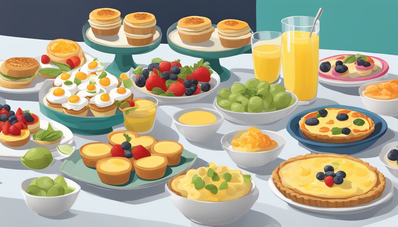 A table set with an array of colorful and delicious single-serve breakfast items, such as mini quiches, fruit parfaits, and breakfast sliders, arranged for a graduation brunch celebration