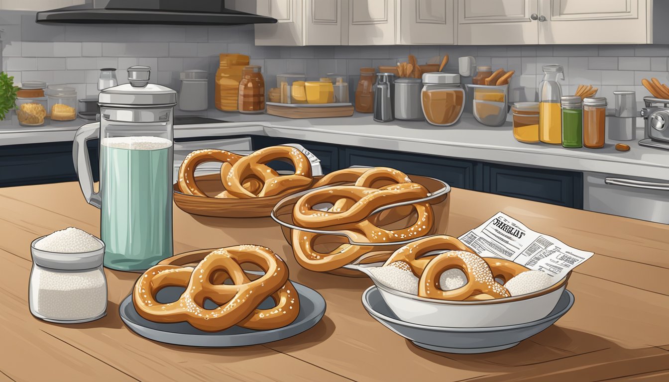 A table displays soft pretzels, a salt shaker, and nutritional labels. Nearby, a soft pretzel maker sits on a kitchen counter, surrounded by ingredients for breakfast recipes