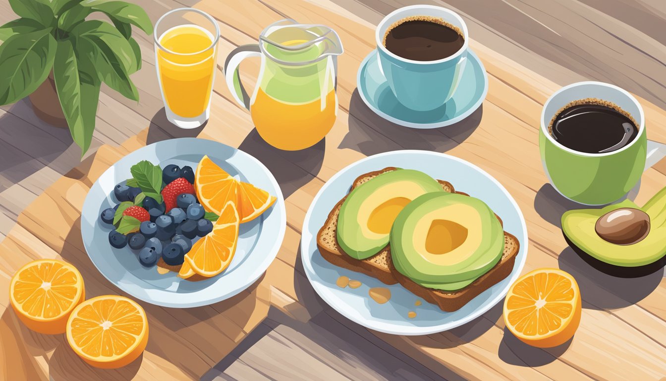 A colorful spread of fresh fruits, whole grain toast, yogurt parfaits, and avocado toast on a wooden table, with a pitcher of orange juice and a pot of coffee, perfect for a graduation brunch