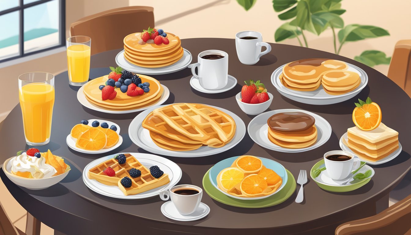 A table set with an assortment of sweet breakfast dishes, including pancakes, waffles, pastries, and fruit parfaits, alongside glasses of orange juice and coffee