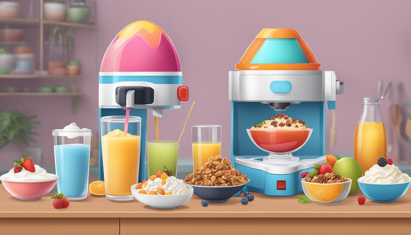 A snow cone machine surrounded by various breakfast ingredients such as fruit, yogurt, granola, and syrup, with five different recipes displayed on a nearby table