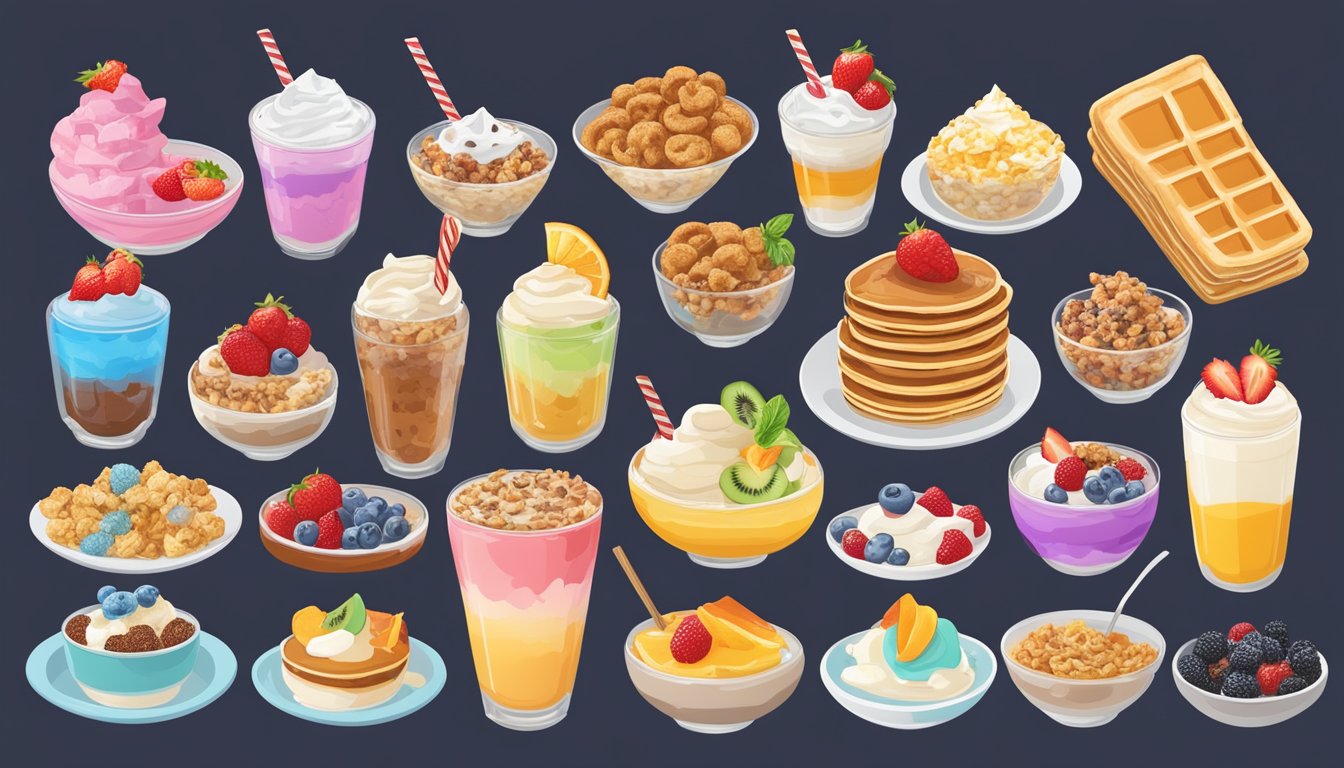 A colorful array of breakfast dishes, including pancakes, waffles, fruit parfaits, smoothie bowls, and yogurt granola cups, all topped with freshly shaved snow cone ice