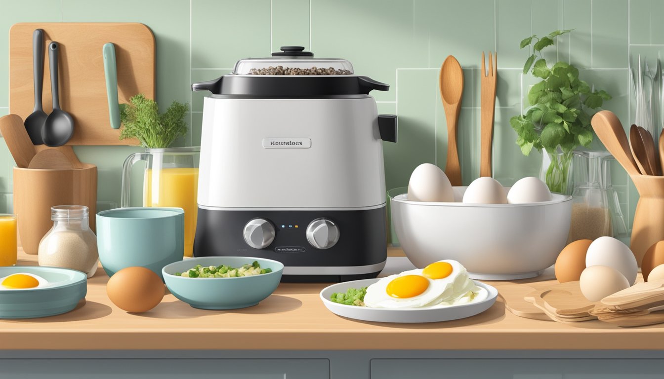 A kitchen counter with a Dash Rapid Egg Cooker surrounded by various ingredients and kitchen utensils. A recipe book open to the breakfast section sits nearby