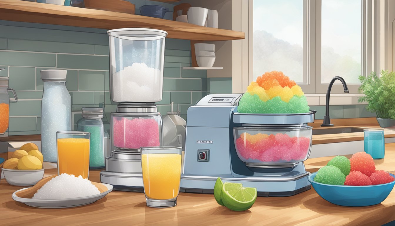 A kitchen counter with a snow cone machine, surrounded by ingredients for breakfast recipes. A stack of recipe books sits nearby