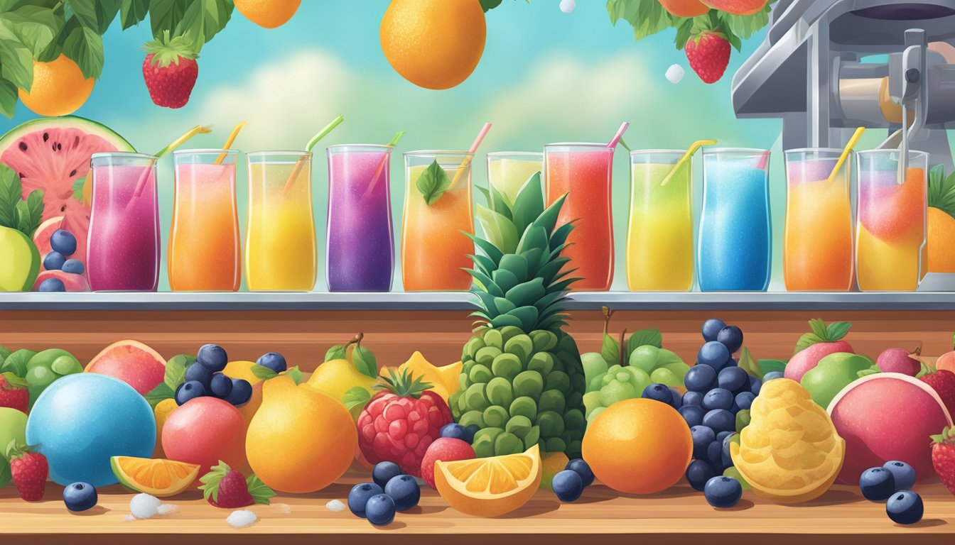 A colorful array of fruit, sugar, and flavorings, with a snow cone machine in the background