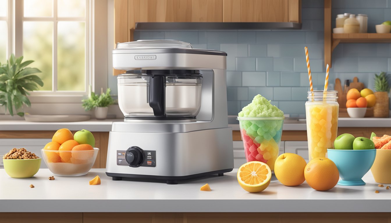 A kitchen counter with a snow cone machine surrounded by ingredients like fruit, yogurt, granola, and honey