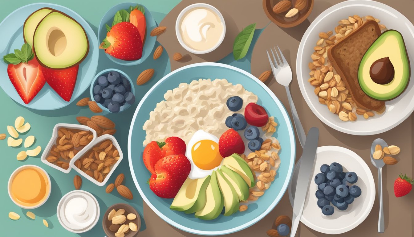 A table set with a variety of colorful, healthy breakfast foods such as oatmeal, fruit, yogurt, and whole grain toast, with a background of heart-healthy ingredients like nuts and avocado