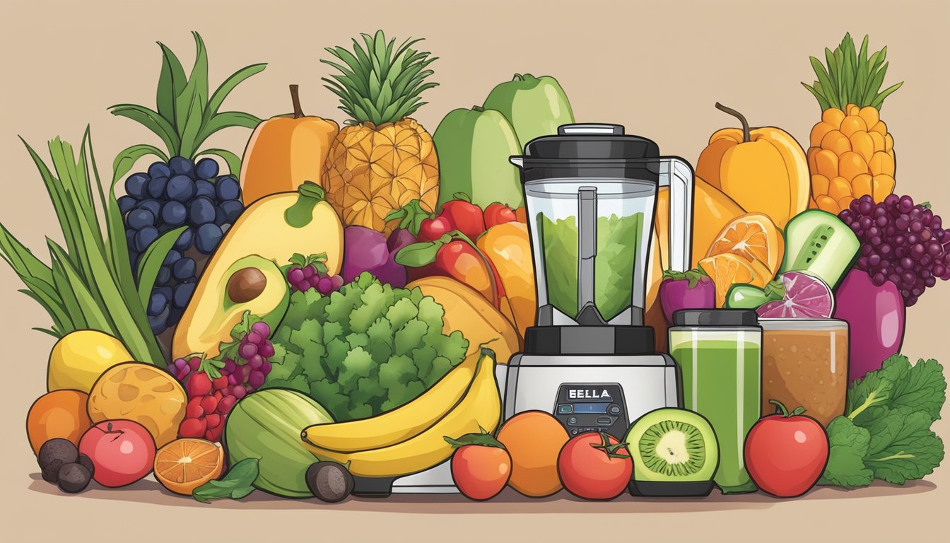 A colorful array of fresh fruits, vegetables, and grains arranged around the Bella Rocket Blender, ready to be transformed into 10 delicious breakfast recipes