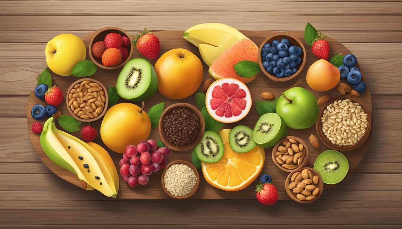 A colorful array of fresh fruits, whole grains, nuts, and seeds arranged on a wooden breakfast table