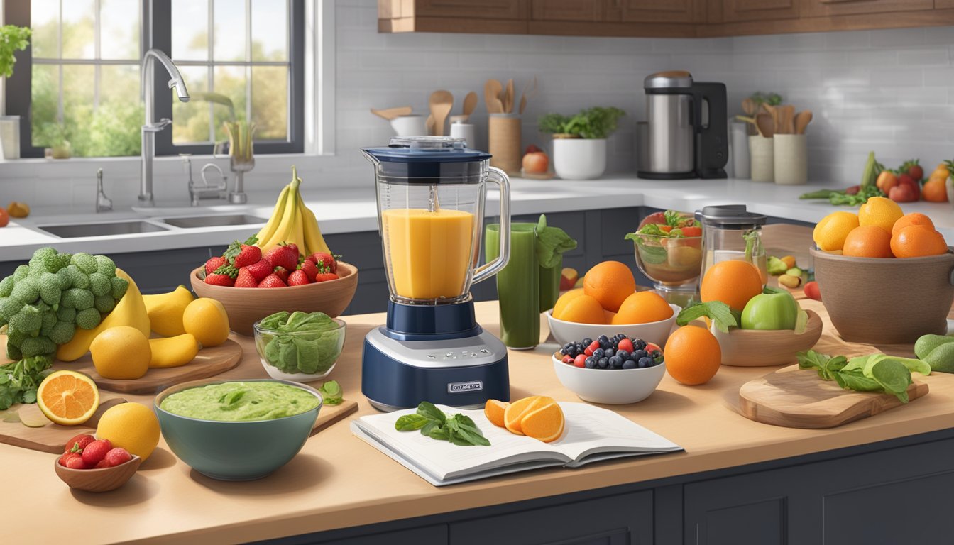 A kitchen counter with a Bella Rocket Blender surrounded by various fruits, vegetables, and other ingredients, along with a recipe book open to the page featuring 10 breakfast recipes