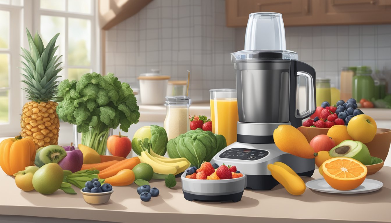 A kitchen counter with a Bella Rocket Blender surrounded by fresh fruits, vegetables, and grains. A recipe book open to breakfast smoothie recipes lies next to the blender