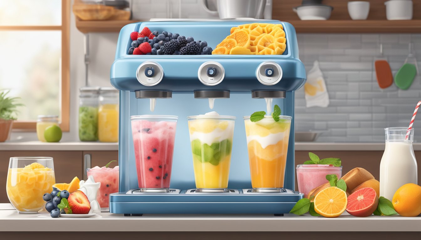 A slush machine sits on a countertop, surrounded by fresh fruits, yogurt, and other breakfast ingredients. Steam rises from a waffle iron in the background