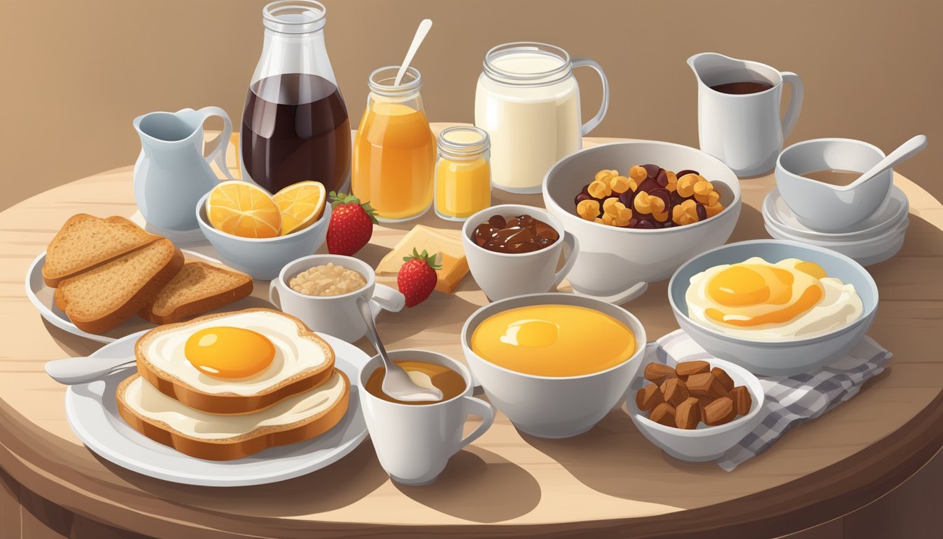 A breakfast table with a variety of natural sweeteners like honey, maple syrup, and fresh fruits alongside a spread of low-cholesterol breakfast items such as oatmeal, yogurt, and whole grain toast