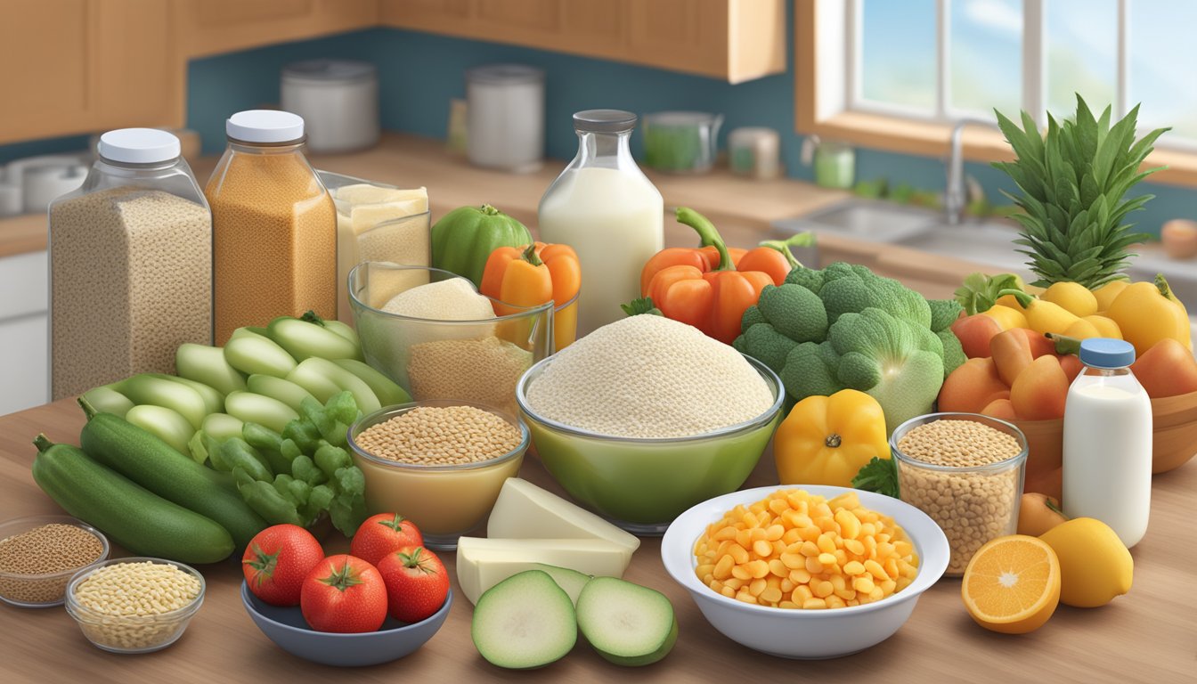 A kitchen counter with various fruits, vegetables, grains, and dairy products laid out, with a clear view of nutrition labels and ingredients