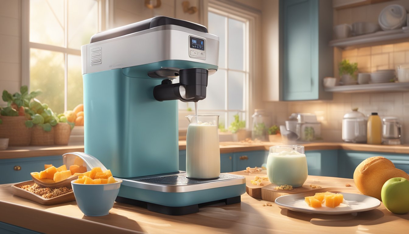 A slush machine surrounded by ingredients like fruits, yogurt, and granola. Steam rises from a waffle iron, while a toaster browns bread. The scene is set in a cozy kitchen, with morning light streaming through the window