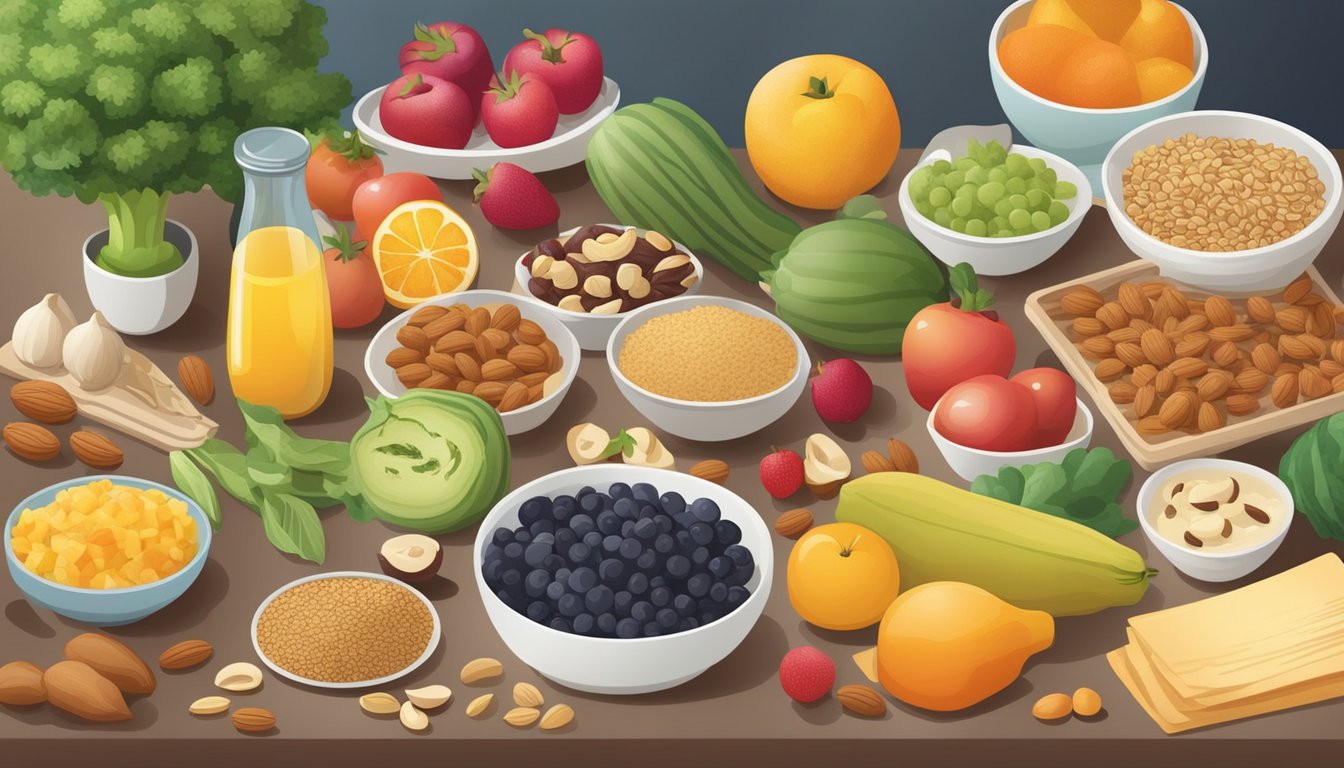 A colorful kitchen counter with a variety of fruits, vegetables, whole grains, and nuts, along with a collection of recipe cards for low-cholesterol breakfast options