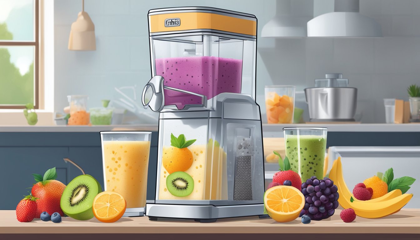 A slush machine surrounded by colorful fruits, oats, and yogurt. A chef pours a fiber-rich smoothie into a glass, garnishing it with chia seeds