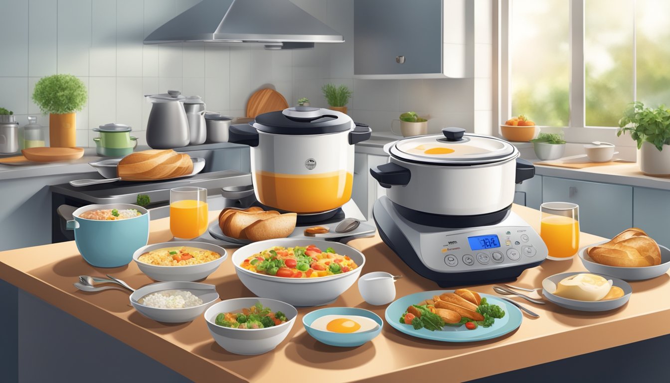 A breakfast spread with various dishes cooking in Aroma rice cooker, steam rising, kitchen utensils nearby