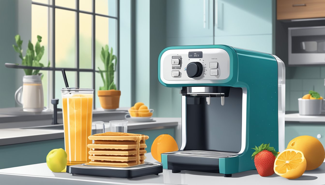 A slush machine sits on a kitchen counter next to a waffle iron and toaster. Fresh fruit and syrup are displayed nearby