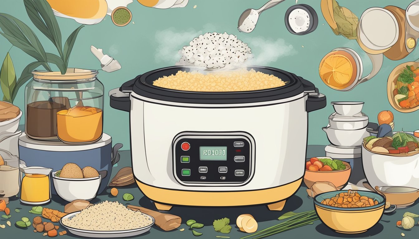 A rice cooker surrounded by various breakfast ingredients and utensils, with steam rising from the pot as it cooks