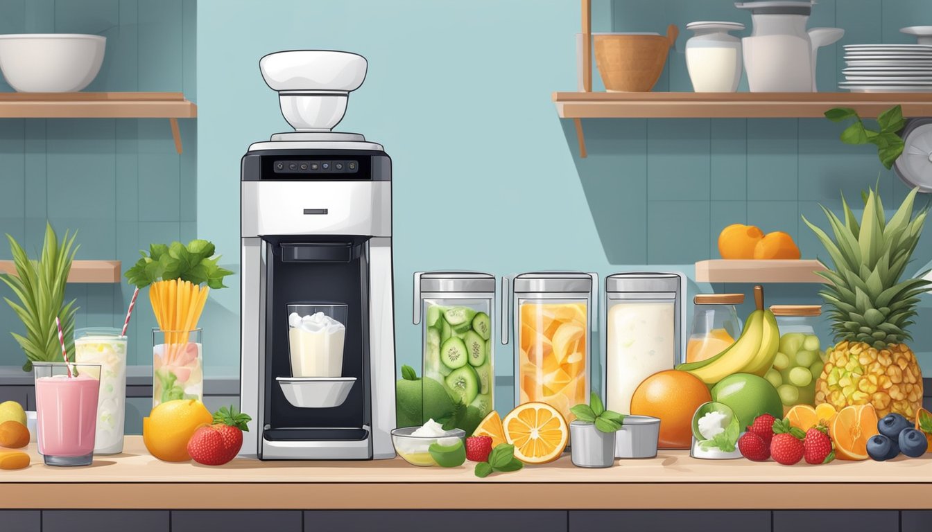 A slush machine sits on a kitchen counter, surrounded by fresh fruits, yogurt, and other healthy ingredients. A chef prepares innovative breakfast treats