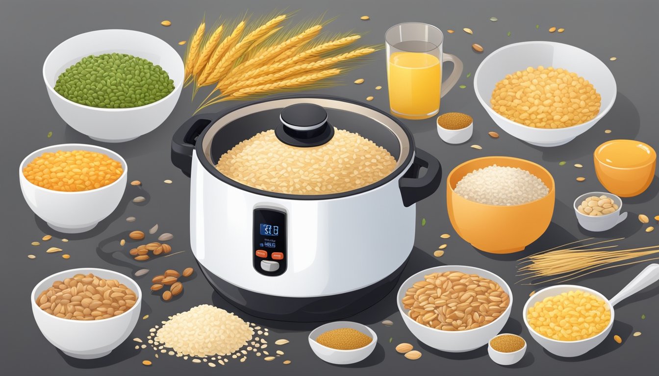 Assorted grains and cereals pouring into an aroma rice cooker, surrounded by ingredients for breakfast recipes