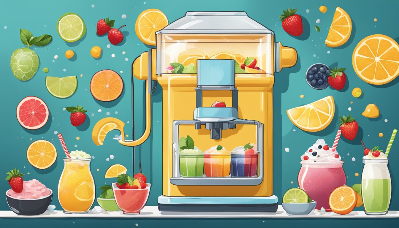 A slush machine surrounded by ingredients like fruit, syrup, and toppings, with a variety of breakfast treats being poured and prepared