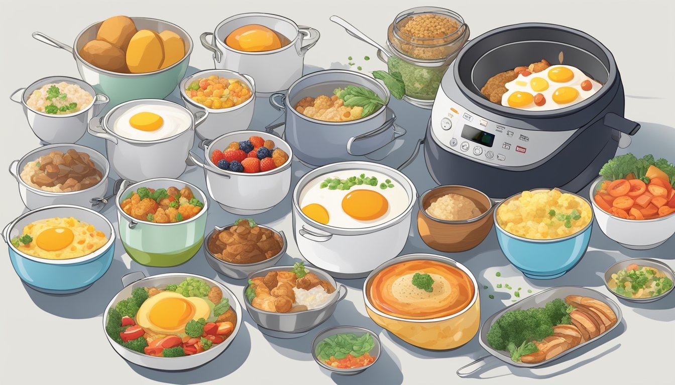 A colorful array of breakfast dishes being prepared inside an Aroma rice cooker, steam rising from the pot as various ingredients are being cooked and mixed together