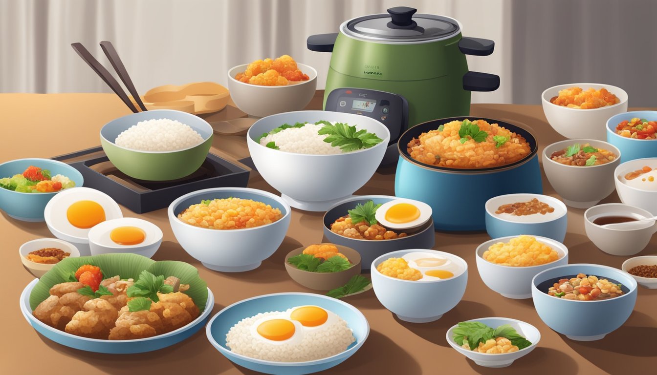 A table set with 10 different breakfast dishes made with sticky rice, all cooked in an aroma rice cooker, with steam rising from the warm, fragrant food