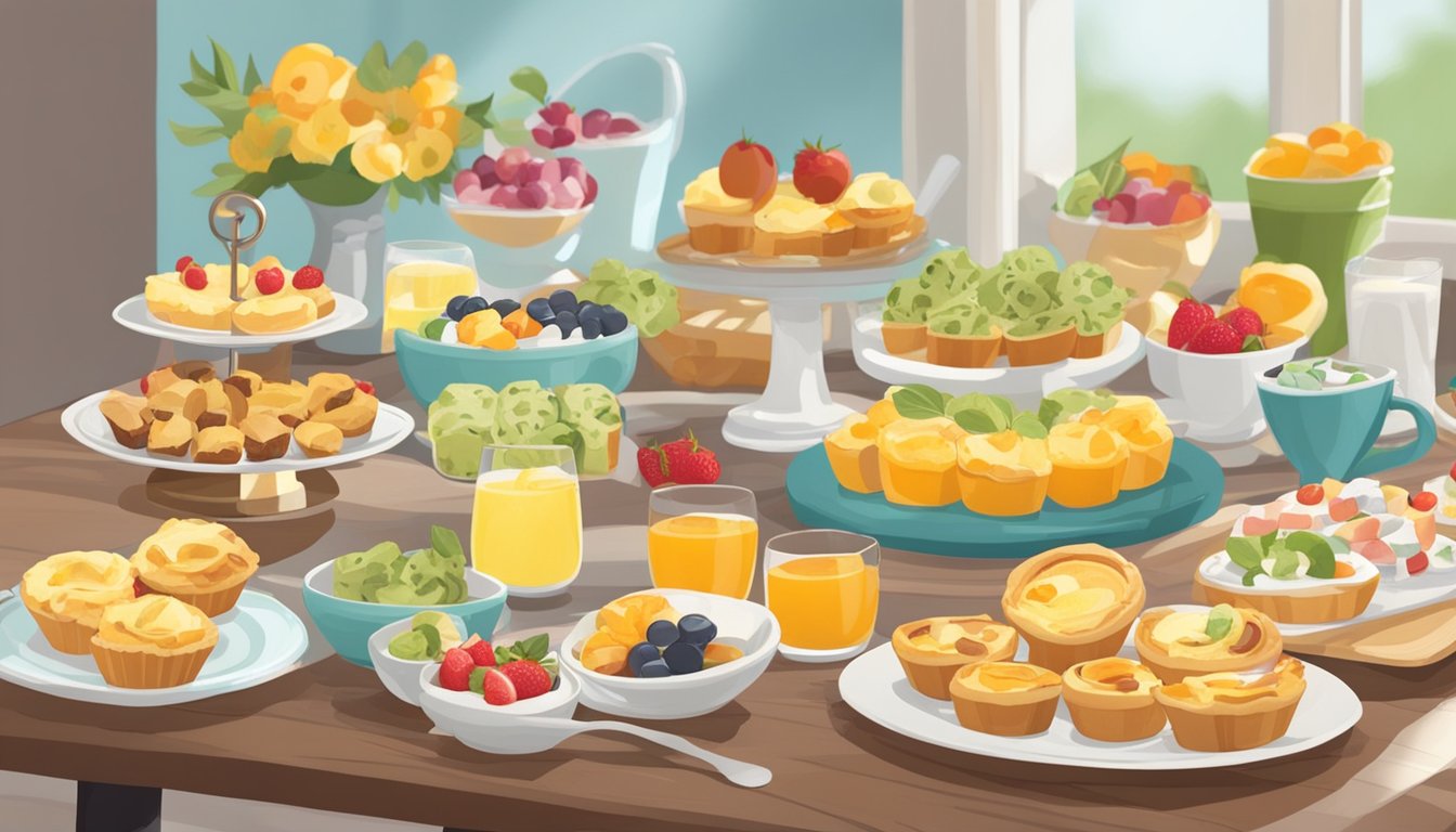 A table set with an assortment of breakfast foods, such as mini quiches, fruit skewers, and mini muffins, surrounded by decorative baby shower brunch decor