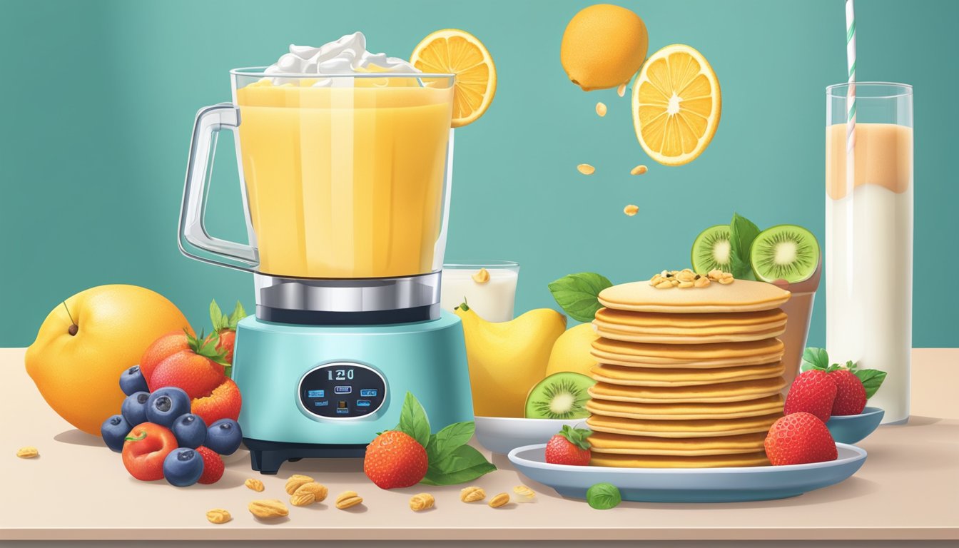 Fresh fruits, yogurt, and ice cubes blend in the margarita machine. A smoothie pours into a glass, next to a stack of pancakes and a bowl of granola