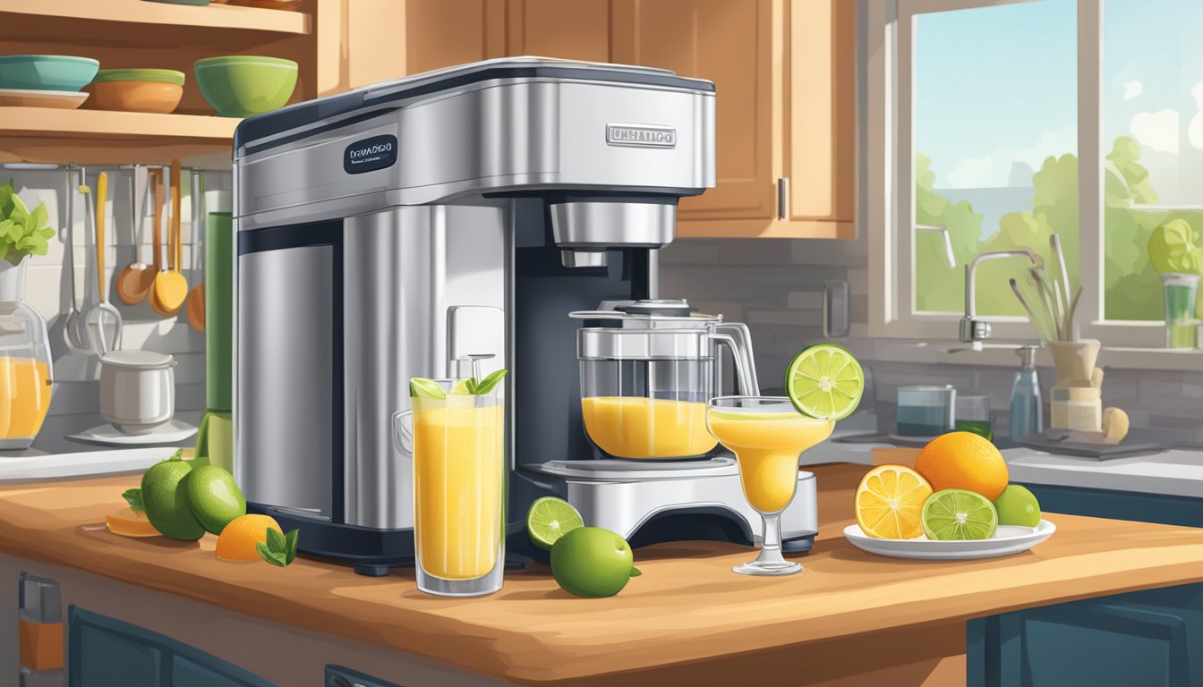 A margarita machine sits on a kitchen counter, surrounded by ingredients for breakfast recipes. A stack of pancakes, a bowl of fruit, and a pitcher of smoothie mix complete the scene