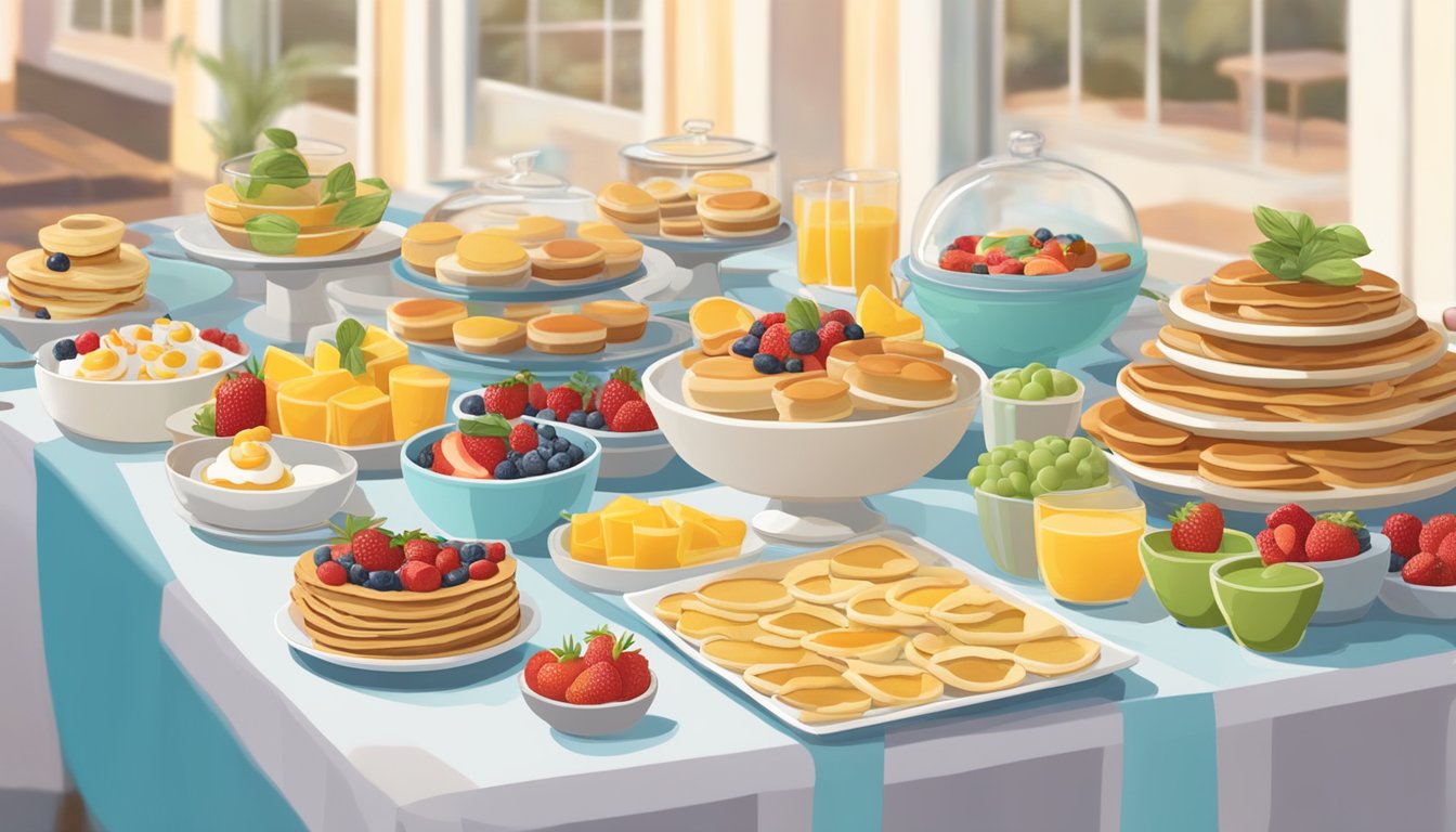 A colorful array of breakfast dishes displayed at interactive food stations, including pancakes, fruit parfaits, and mini quiches, set up for a baby shower brunch