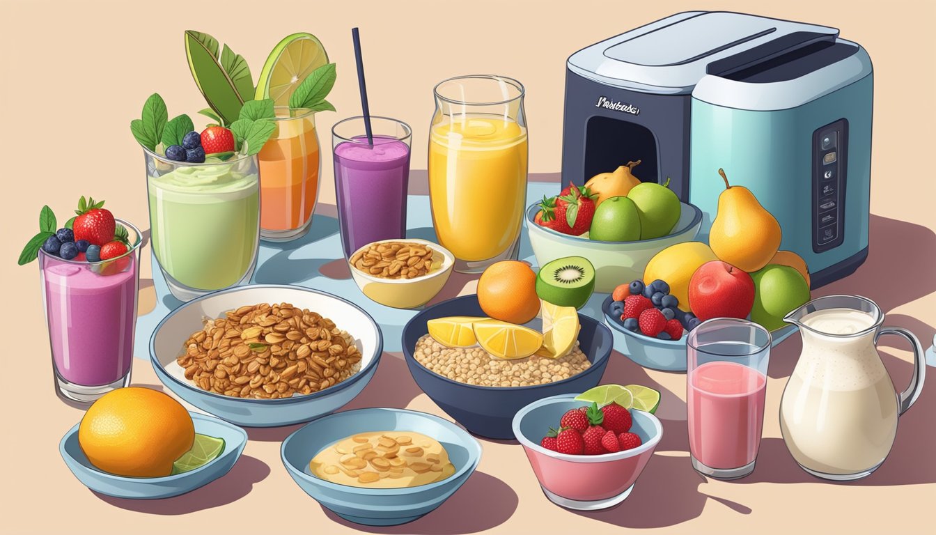 A colorful array of fresh fruits, yogurt, granola, and smoothie ingredients laid out next to a margarita machine, with a pitcher of juice and a stack of pancakes nearby