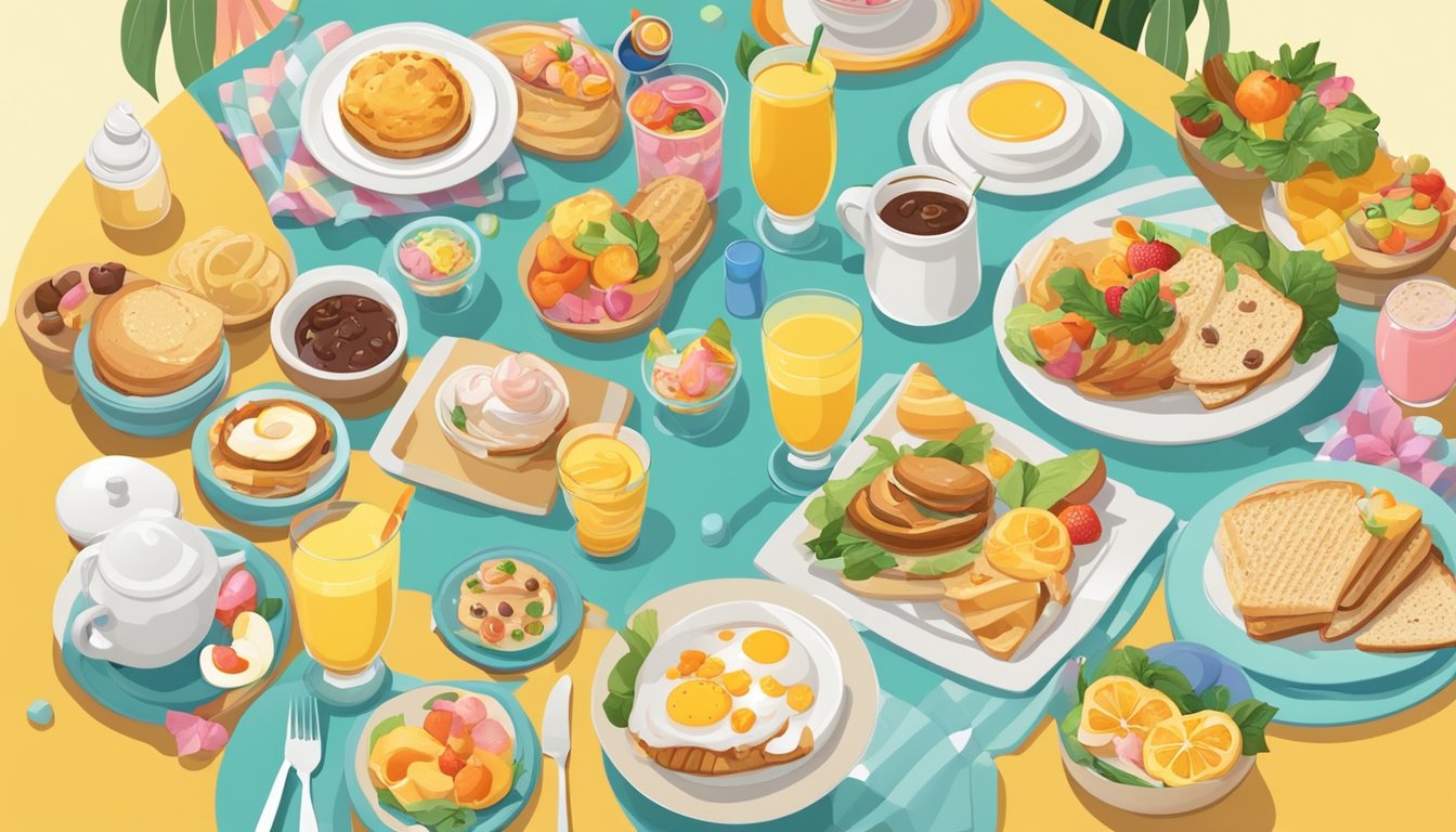 A table set with various breakfast dishes and drinks, surrounded by colorful decorations and baby shower-themed games and activities