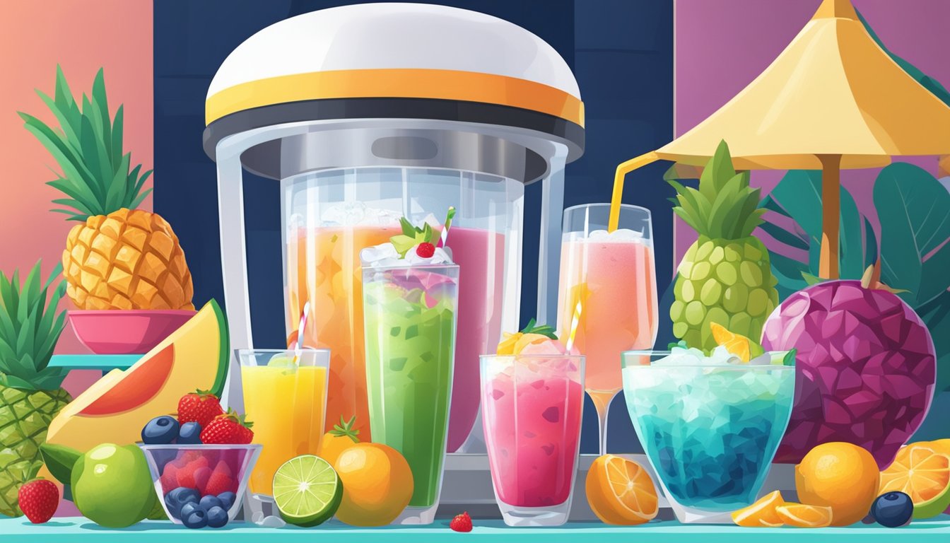 A colorful array of fresh fruits, yogurt, and ice sits next to a margarita machine. A chef blends ingredients to create smoothie bowls and fruity margaritas