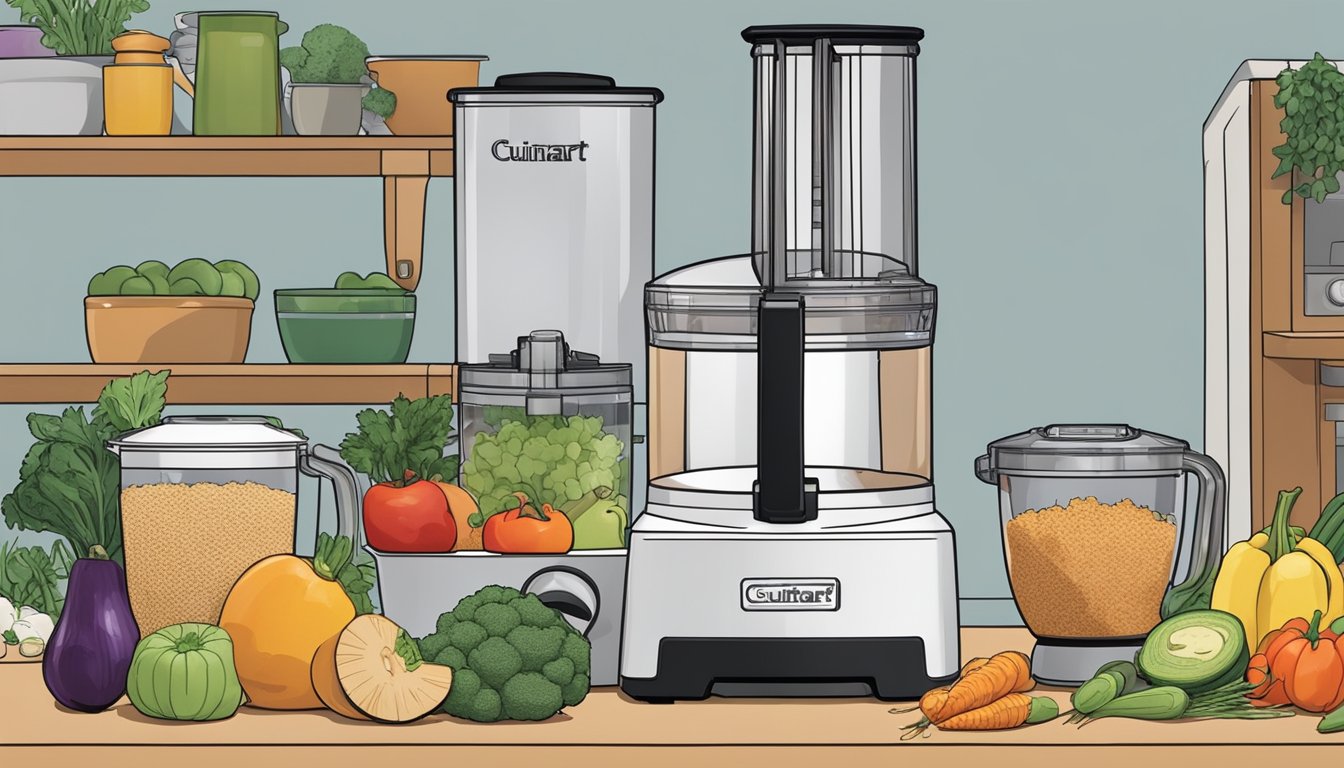 Fresh fruits, vegetables, and grains surround a Cuisinart food processor on a kitchen counter. The machine is busy chopping, shredding, and blending ingredients for a variety of breakfast recipes