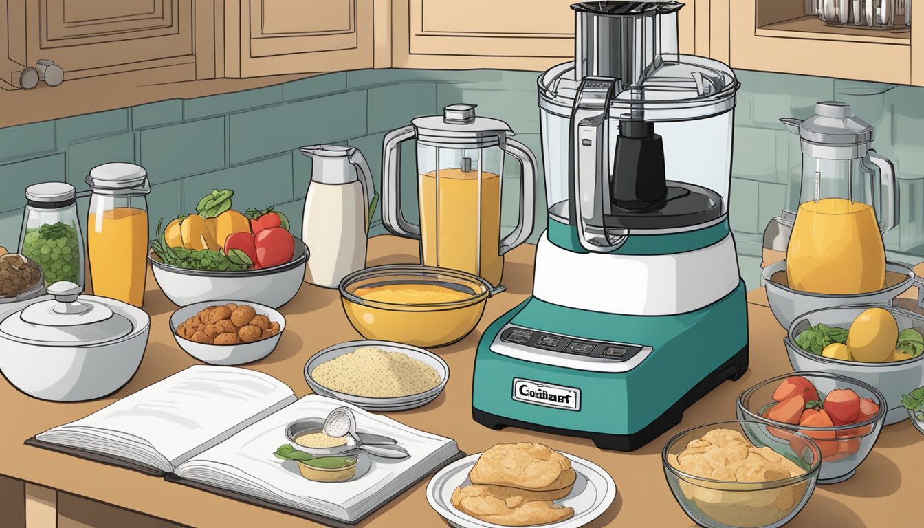 A kitchen counter with a Cuisinart food processor surrounded by various ingredients and kitchen utensils, with a cookbook open to a page of breakfast recipes