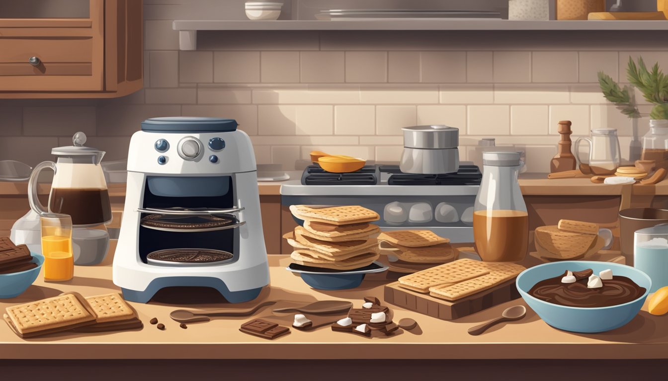 A cozy kitchen scene with a s'mores maker on the counter, surrounded by ingredients and utensils for creating breakfast recipes