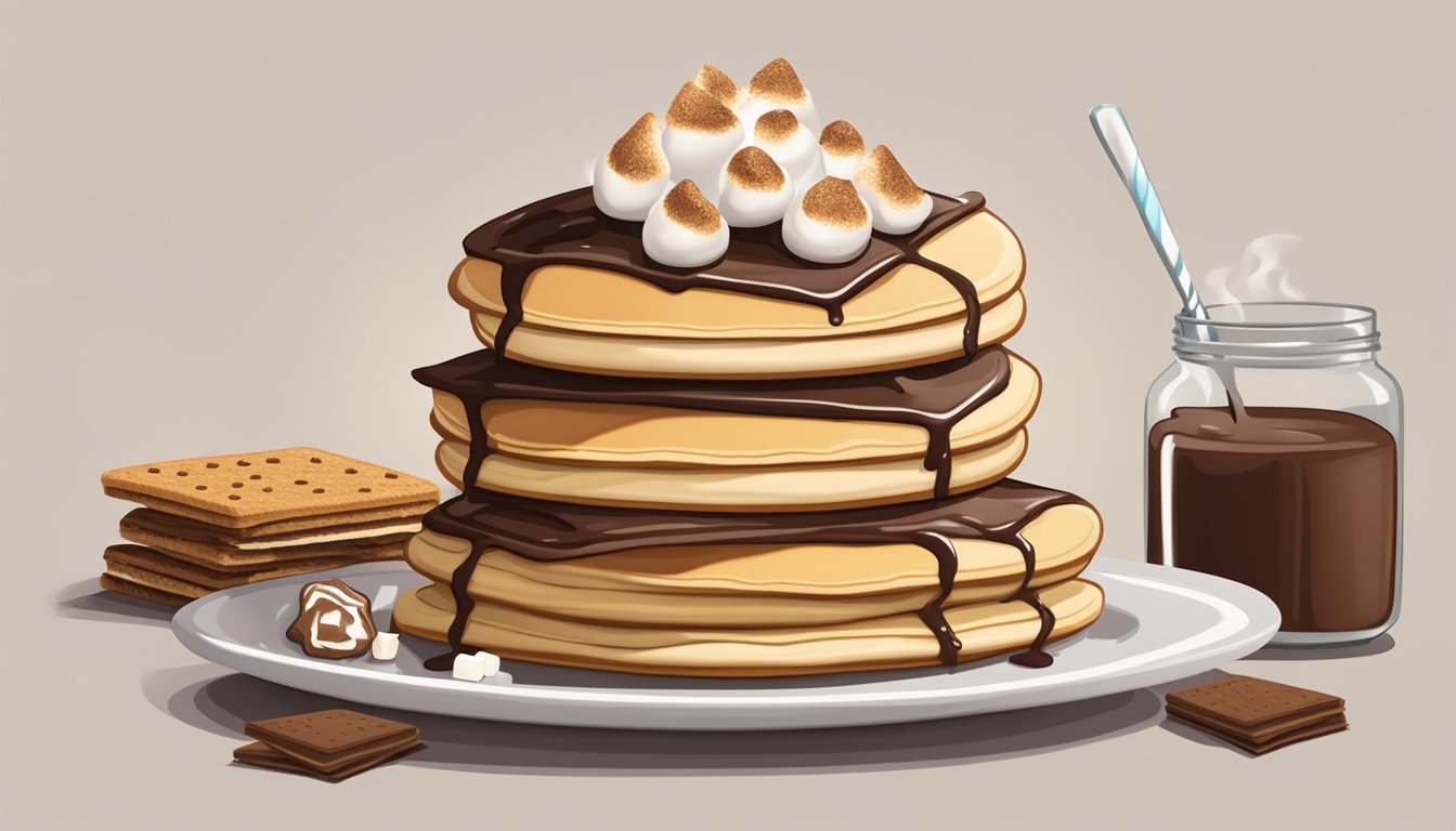 A stack of fluffy pancakes topped with melted chocolate, graham cracker crumbs, and toasted marshmallows, surrounded by a s'mores maker and ingredients