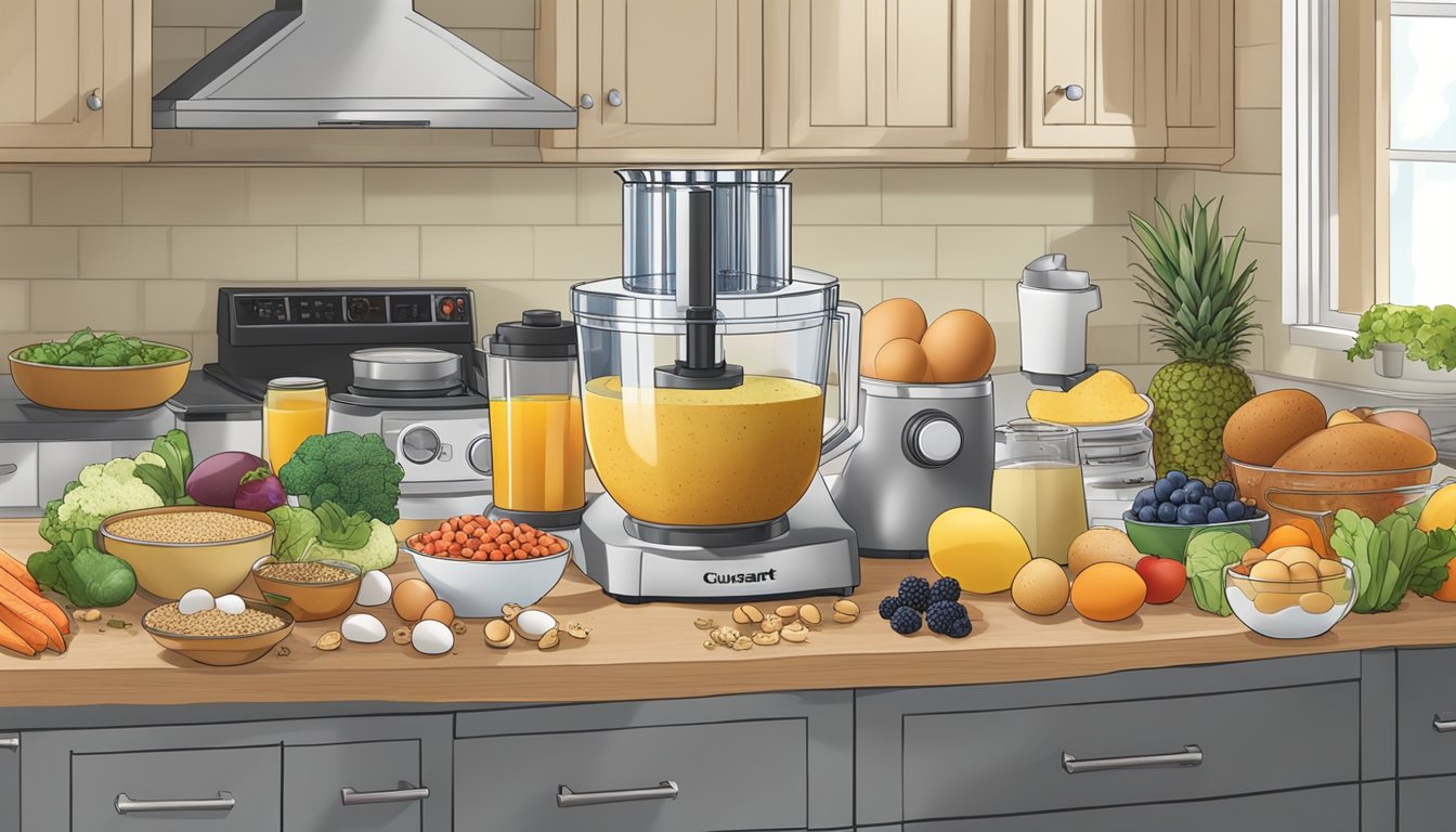 A kitchen counter with a Cuisinart food processor surrounded by various breakfast ingredients like eggs, fruits, vegetables, and grains