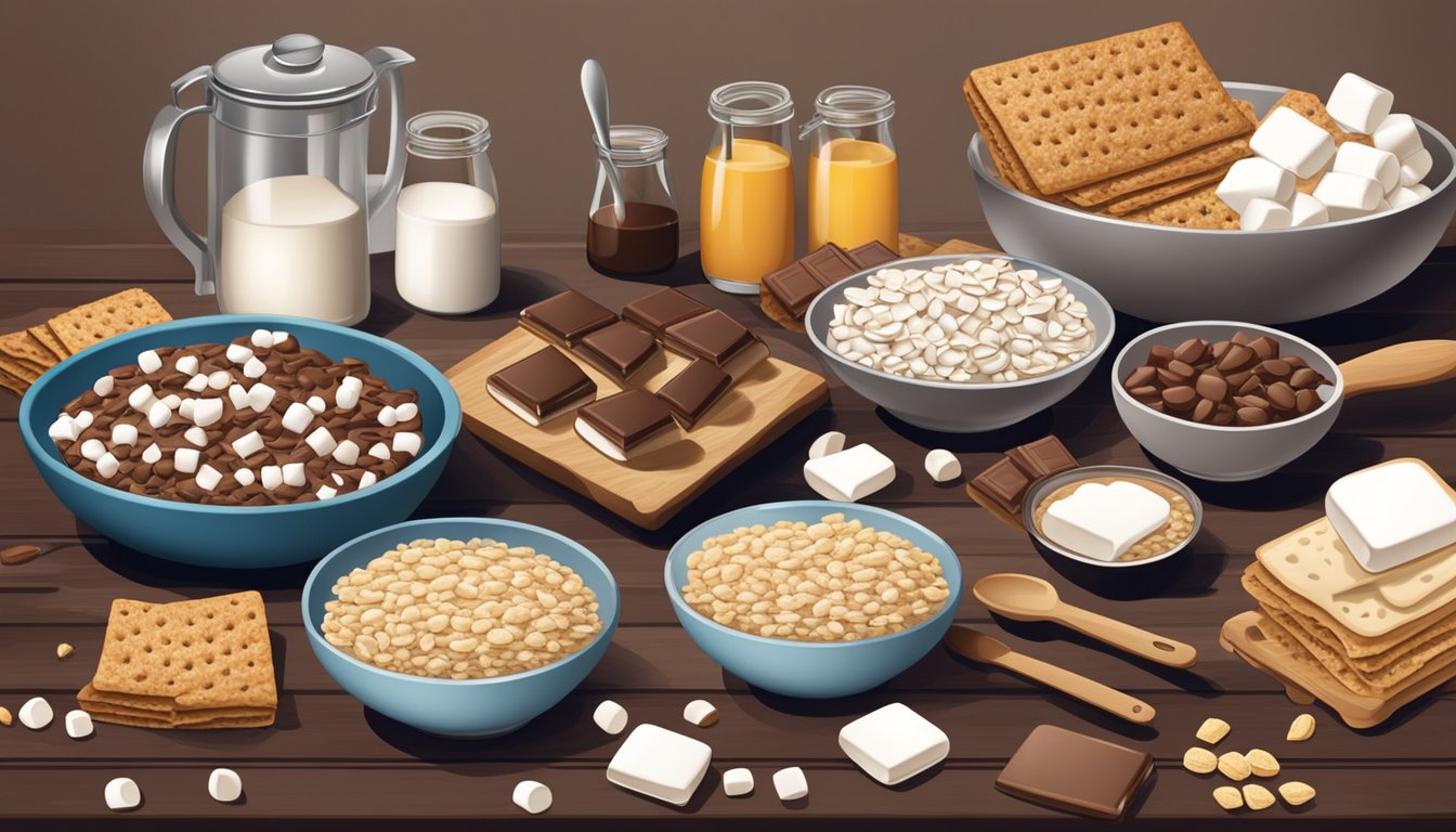 A smores maker surrounded by bowls of oats, chocolate, and marshmallows, with a variety of breakfast ingredients and utensils scattered around