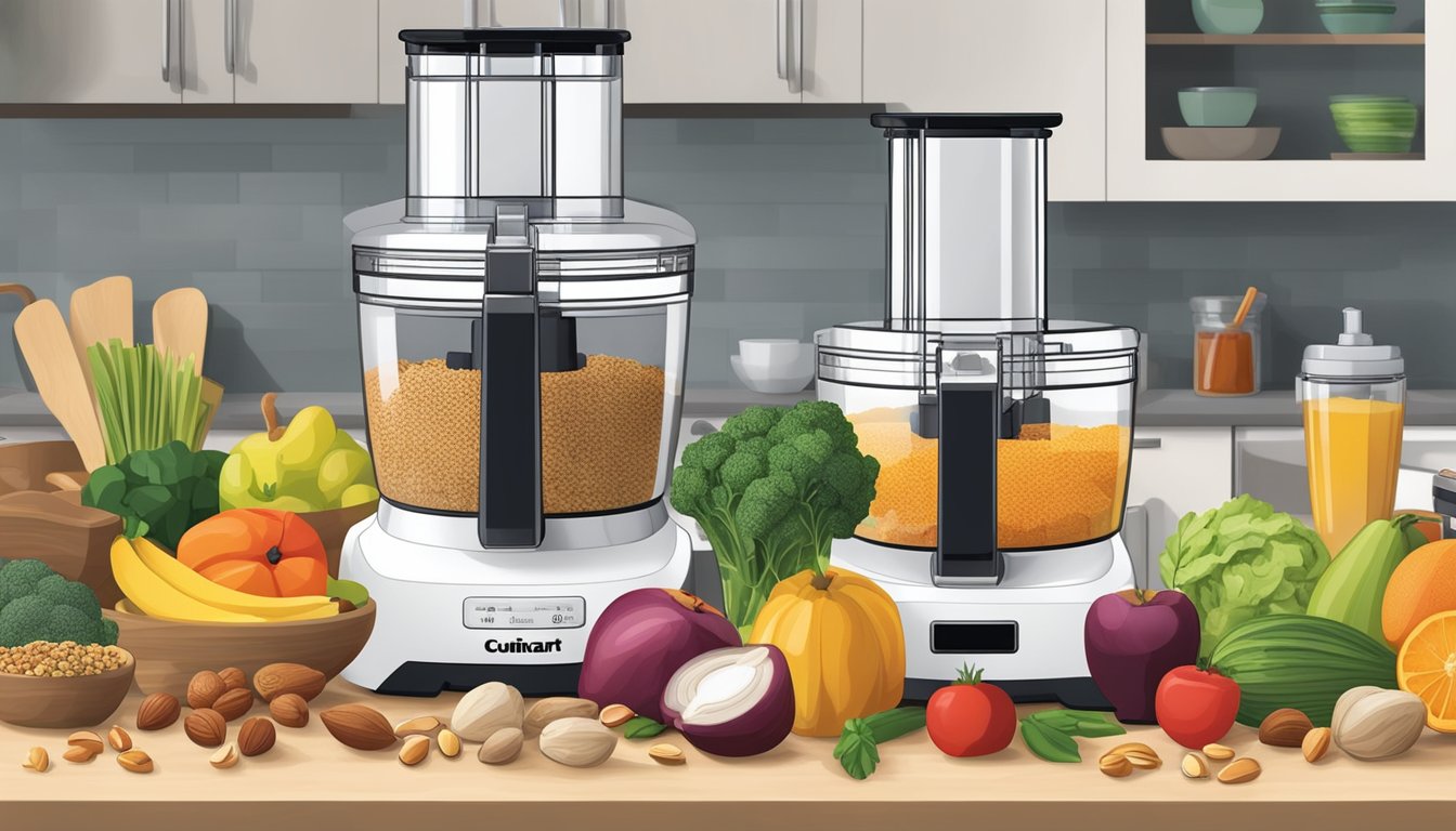 A kitchen counter with a Cuisinart food processor surrounded by various ingredients such as fruits, vegetables, nuts, and grains