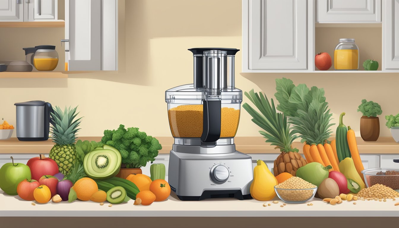 A kitchen countertop with a Cuisinart food processor surrounded by various ingredients such as fruits, vegetables, nuts, and grains