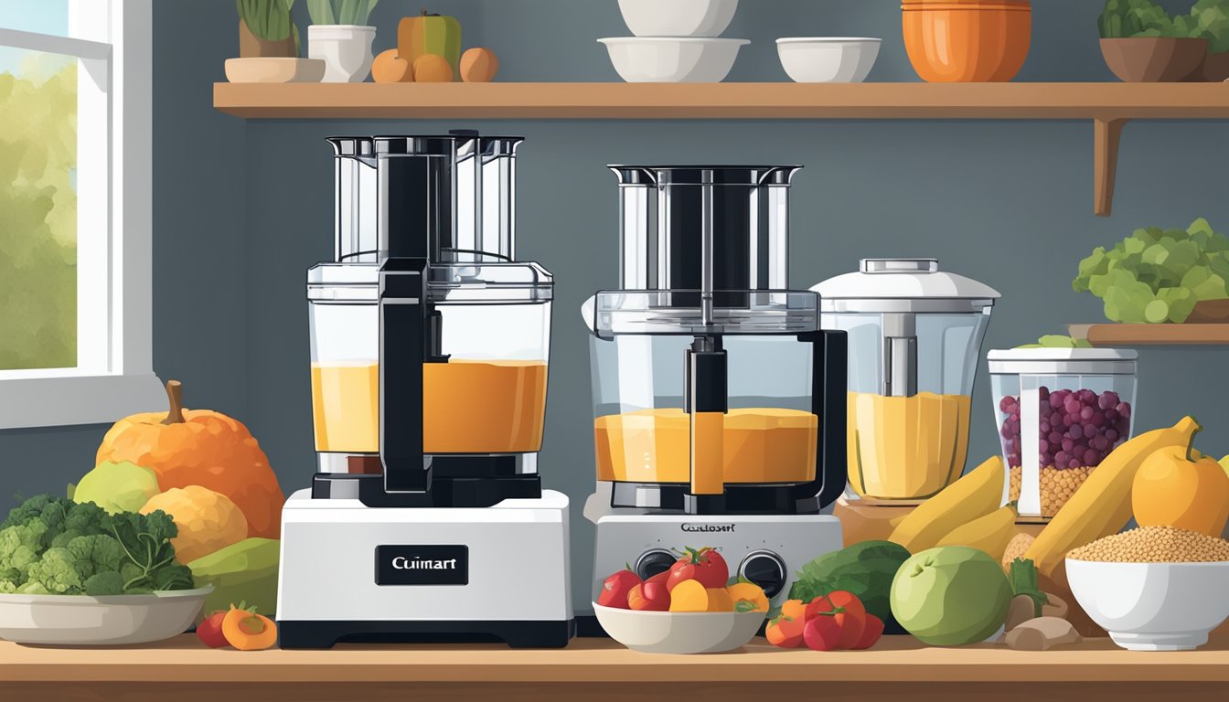 A kitchen counter with a Cuisinart food processor surrounded by various ingredients such as fruits, vegetables, and grains. Bowls and utensils are neatly arranged nearby