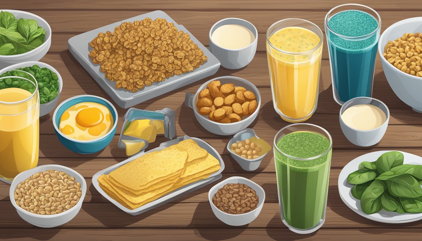 A colorful array of breakfast foods, including spinach omelets, fortified cereals, and chia seed smoothies, spread out on a wooden table