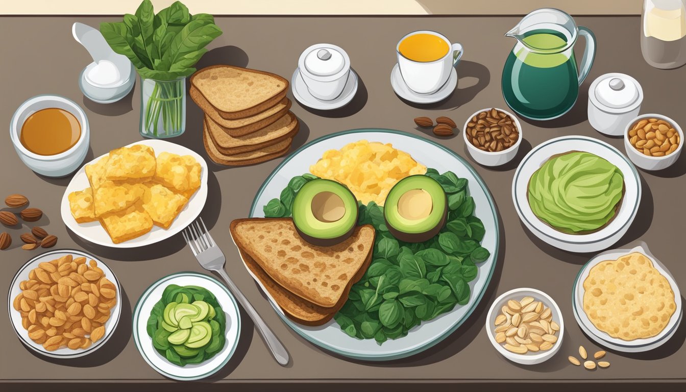 A table set with a variety of breakfast foods rich in iron, such as spinach omelets, oatmeal with nuts and seeds, and whole grain toast with avocado