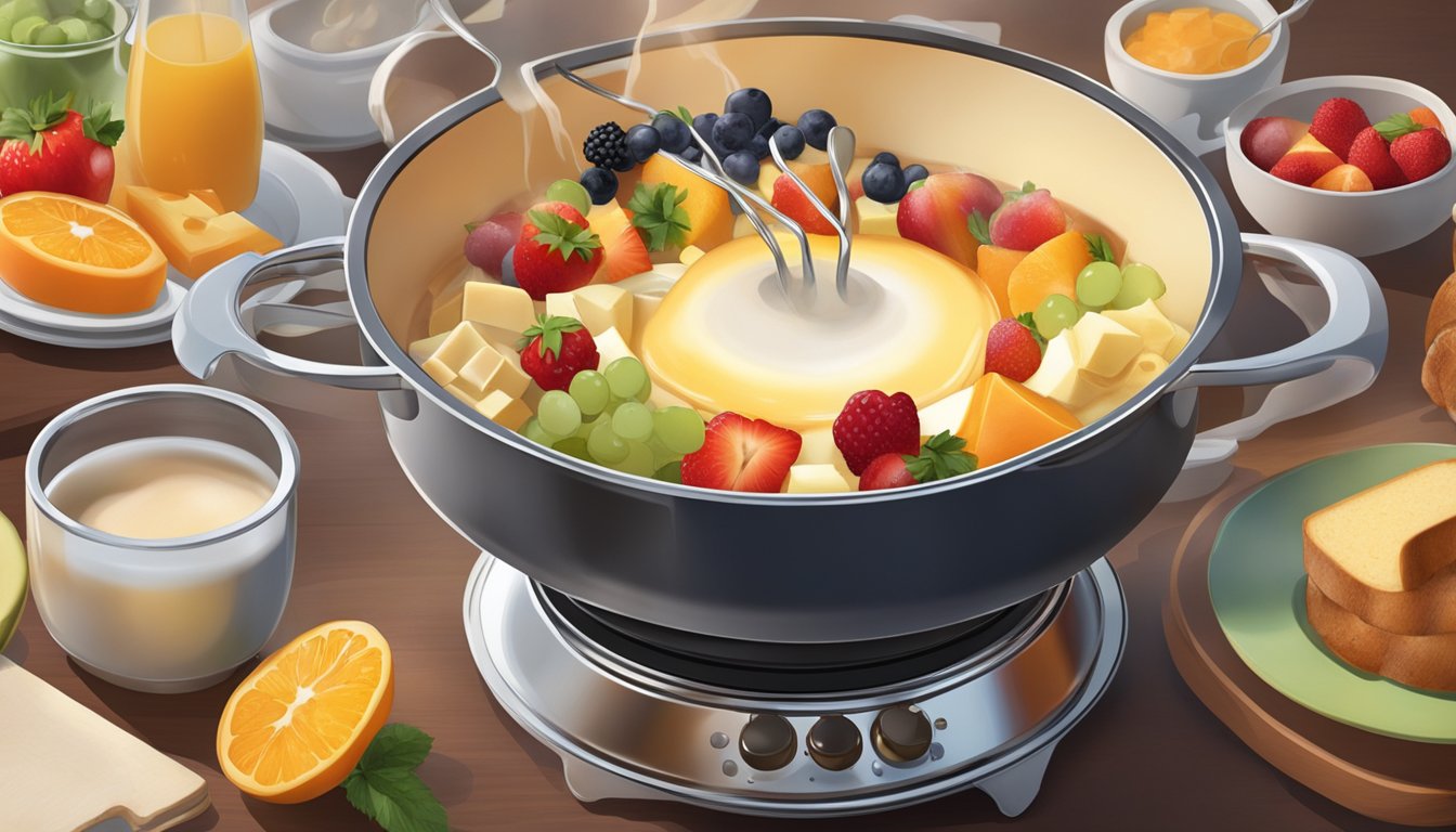 A fondue pot sits on a breakfast table, surrounded by various ingredients such as fruits, bread, and cheese. Steam rises from the pot as it bubbles with a delicious breakfast fondue mixture